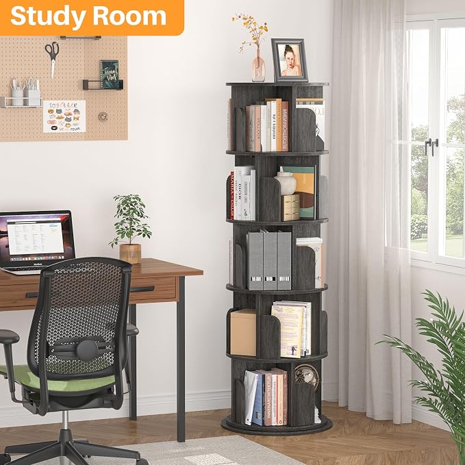 Aheaplus 5 Tier Rotating Bookshelf, Wood Spinning Bookshelf Tower, Round - Image 7