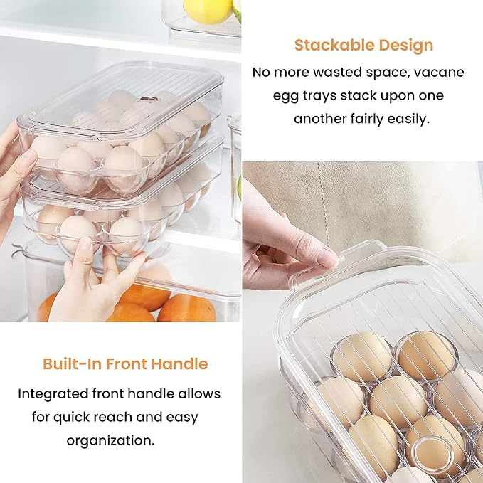 vacane Plastic Egg Holder for Refrigerator, Stackable Egg Holder Clear Tray - Image 2