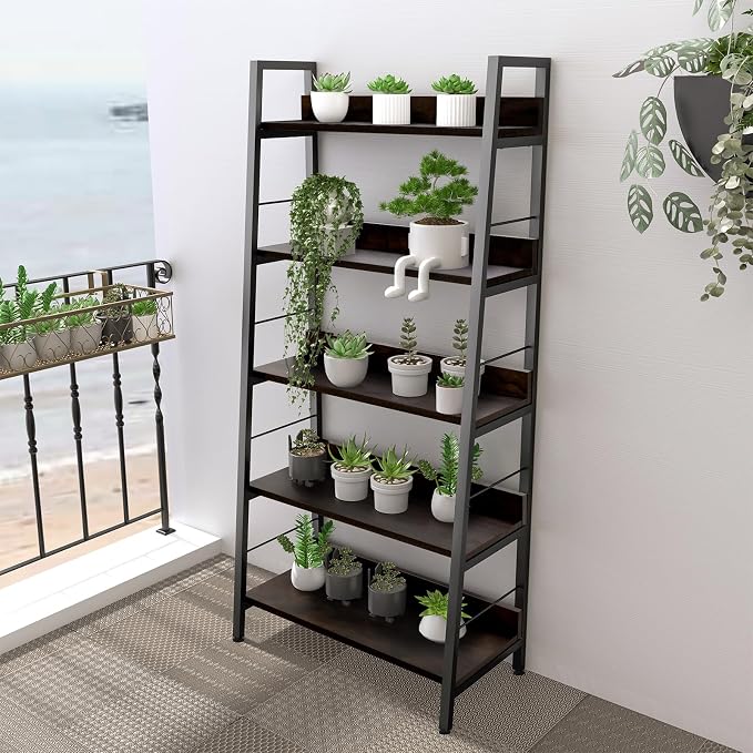 Himimi Industrial Ladder Shelf, Rustic 5 Tier Leaning Bookshelf, Wood Metal - Image 4