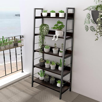 Himimi Industrial Ladder Shelf, Rustic 5 Tier Leaning Bookshelf, Wood Metal - Image 4