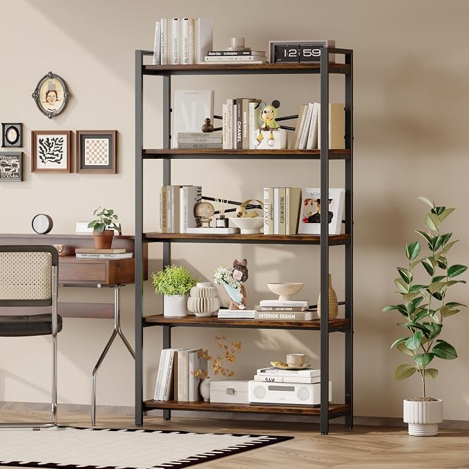 5 Tier Bookshelf 31.49" Width, Book Organizers and Storage, Wood and Metal Tall - Image 5