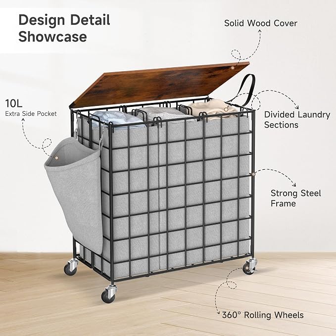 Laundry Basket with Wheels, Heavy Duty Laundry Sorter 3 Sections, 140L Large - Image 5