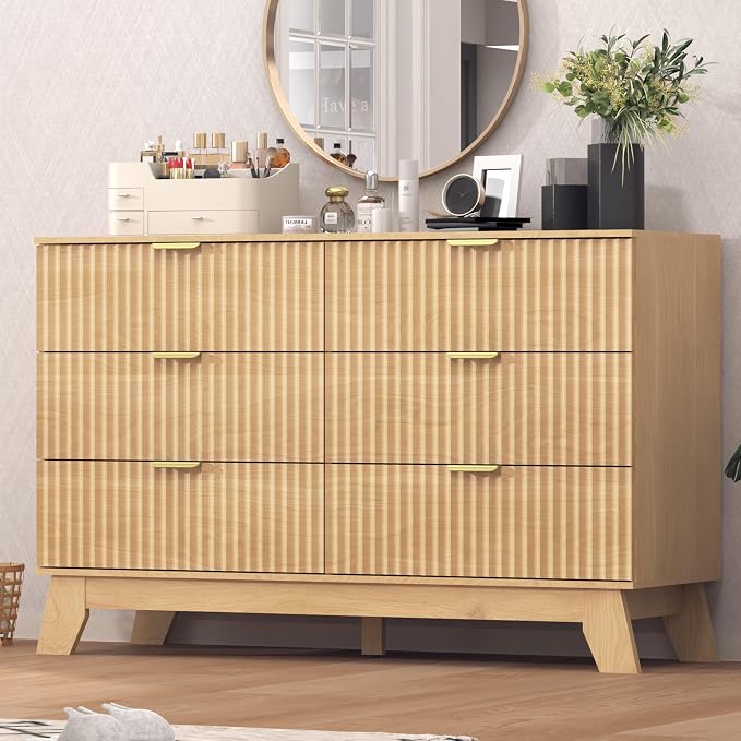 Fluted Dresser for Bedroom, 6 Drawer Dresser for Closet, TV Stand, Storage by Thacuok