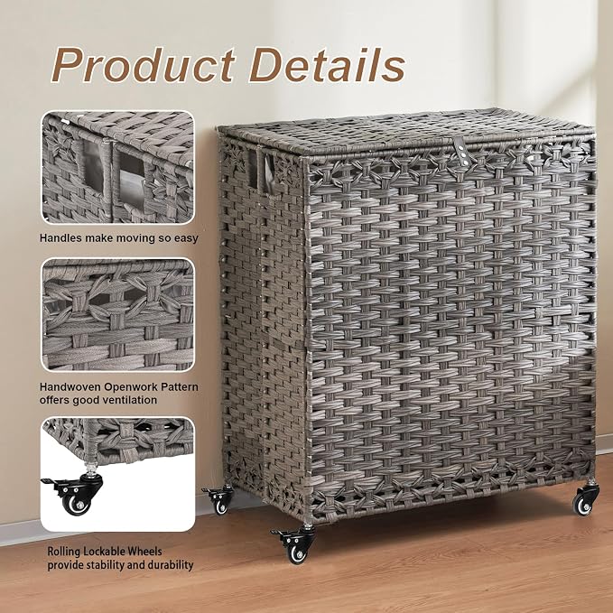 Laundry Hamper with Wheels&Lid, 50.2 Gallons Rolling Laundry Basket with Wheels - Image 7