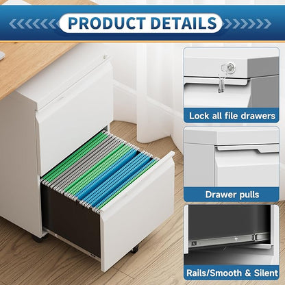 File Cabinet 2 Drawers on Wheels Under Desk, Locking Filing Cabinets - Image 5