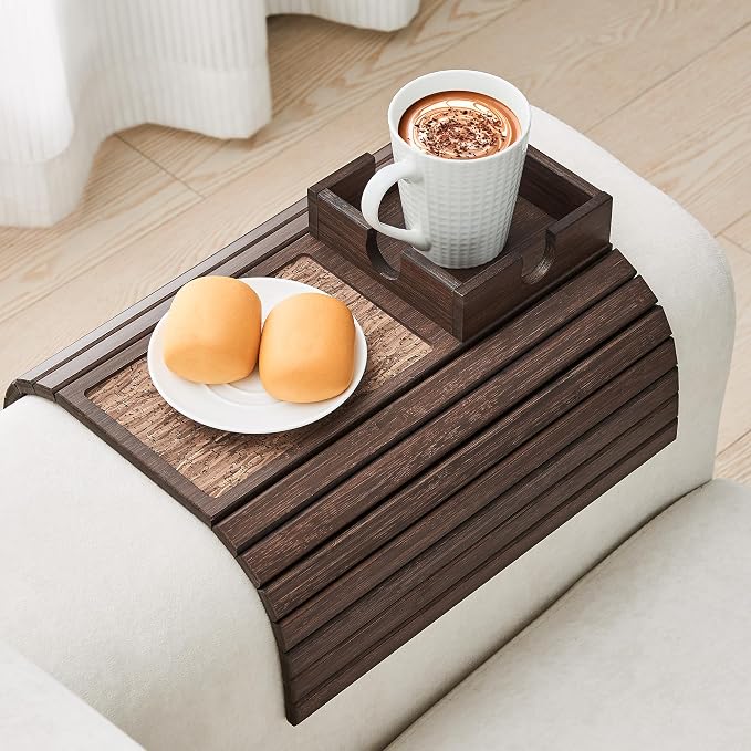 Bamboo Sofa Arm Tray Table, Foldable Couch Cup Holder, Anti-Slip Wide Couch Arm by LOVYANXUE