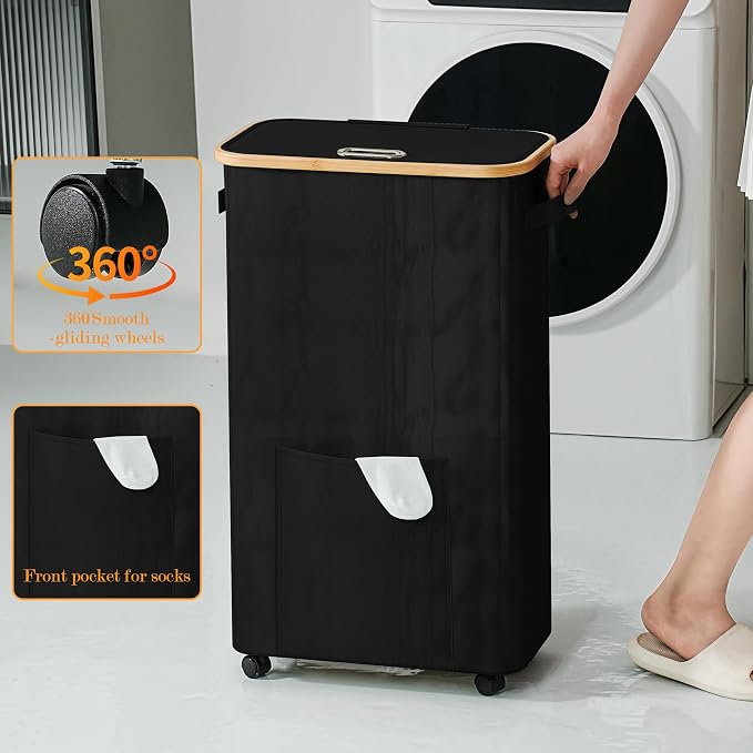 Laundry Basket with Wheels, Dirty Clothes Hamper on Wheels, Rolling Tall - Image 4