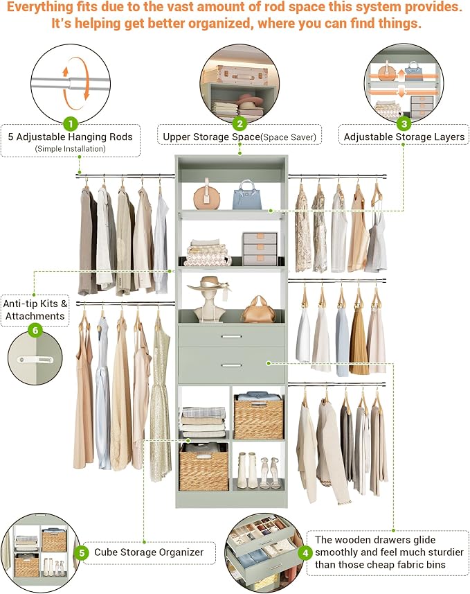 Besiost Small Closet System, 3.2-6.8FT Small Closet Organizer - Image 2