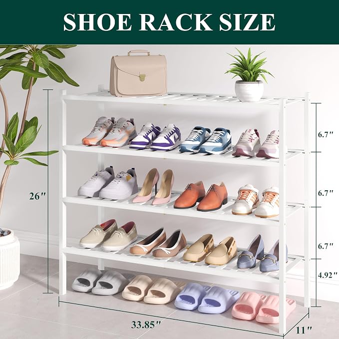 Smiry Bamboo Shoe Rack for Closet, 4 Tier Long Wooden Stackable Shoe Organizer - Image 2