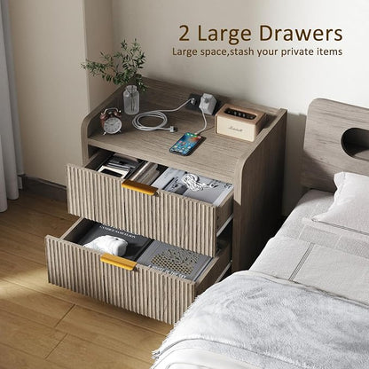 Fluted Nightstand with Charging Station, 23.6" Modern Night Stand with 2 Drawers - Image 5