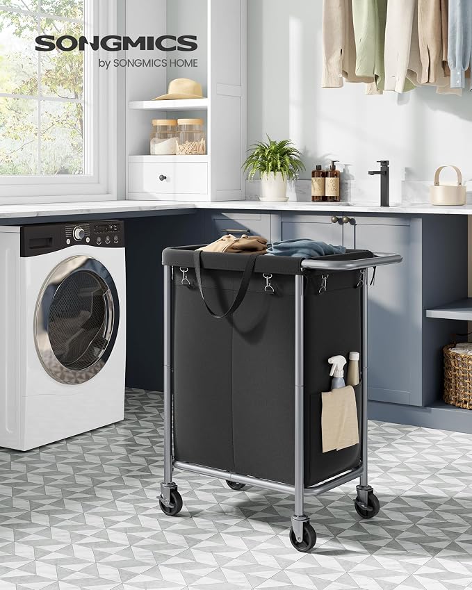 SONGMICS Laundry Basket with Wheels, 2-Section Rolling Laundry Hamper, 37 - Image 2