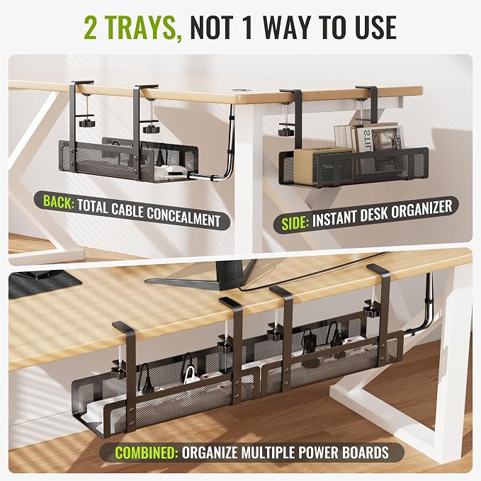 2 Pack Cable Management Under Desk Tray, Xpatee 27.6" No Drill Open Slots Cable - Image 2