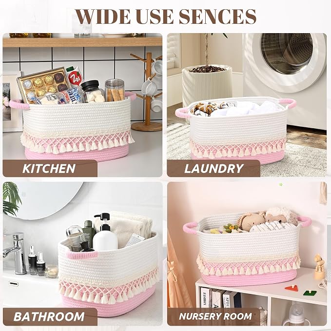 2 Pack Storage Basket for Shelves, Boho Cotton Rope Storage Bins - Image 7