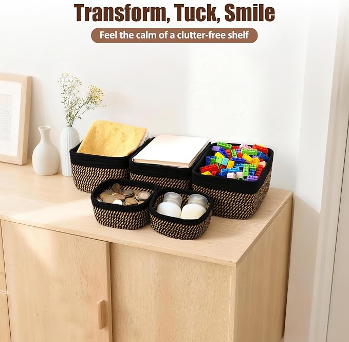 5-Pack Small Woven Rope Storage Baskets, 2 Sizes Organizer Bins | Fabric Cube - Image 5