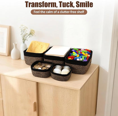 5-Pack Small Woven Rope Storage Baskets, 2 Sizes Organizer Bins | Fabric Cube - Image 5