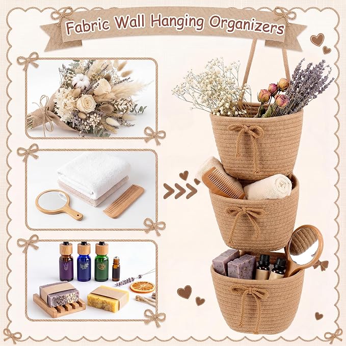 3-tier Hanging Basket Wall Mounted Coquette Bow Cotton Rope Hanging Storage - Image 3