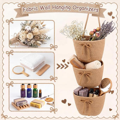 3-tier Hanging Basket Wall Mounted Coquette Bow Cotton Rope Hanging Storage - Image 3