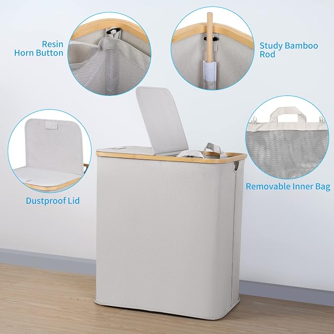 efluky Laundry Hamper with Lid, Double Laundry Hamper with 2 Removable Bags - Image 2