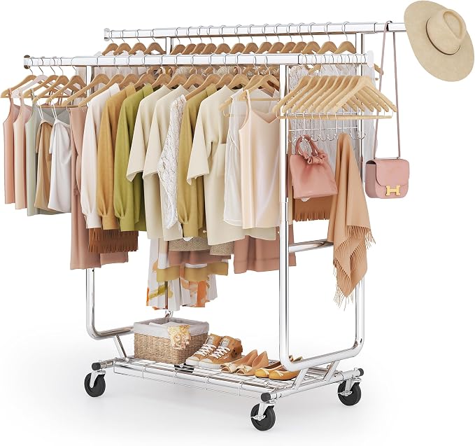 Heavy Duty Clothes Rack Load 620 Lbs, Double Rod Rolling Clothing Rack - Image 3