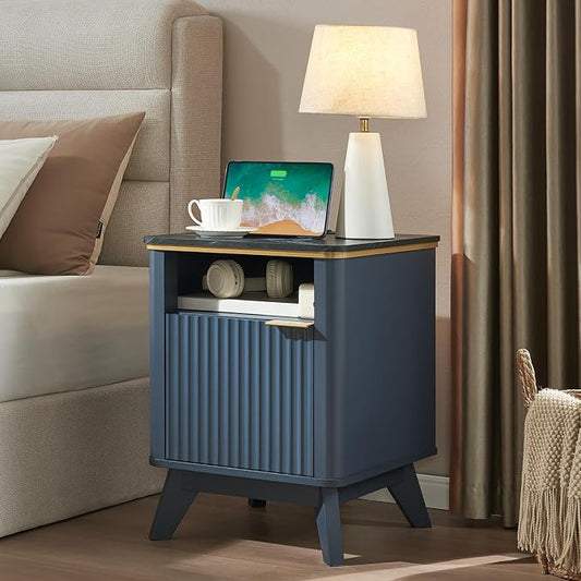 QUW Fluted Nightstands with Charging Station, Wooden Bedside Table with Faux by QUW