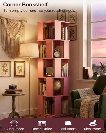 5-Tier Rotating Bookshelf Tower, 360° Square Spinning Book Shelf | Floor - Image 6
