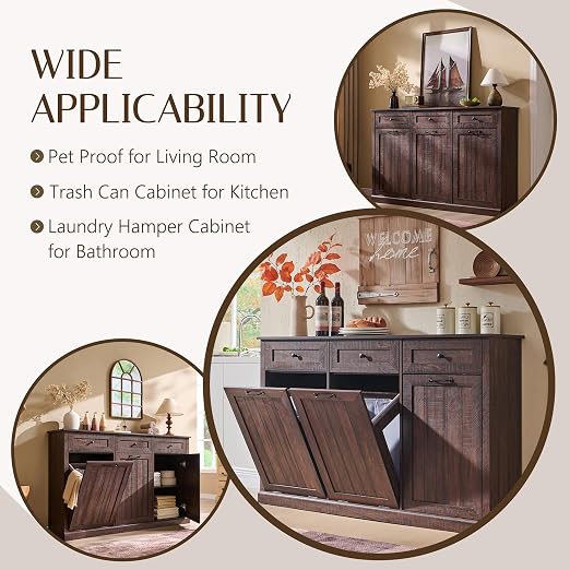 Triple Tilt Out Trash Can Cabinet, 20 Gallon Farmhouse Laundry Hamper Cabinet - Image 4