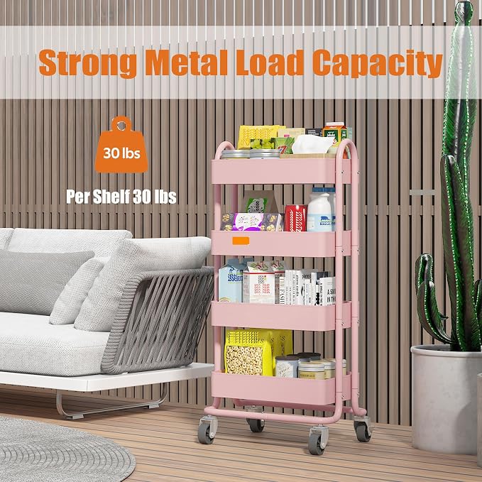 4 Tier Metal Rolling Cart Pink Utility Cart - Image 4