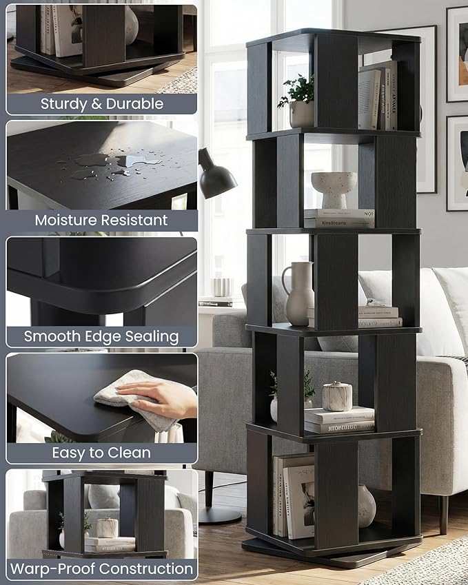 5-Tier Rotating Bookshelf Tower, 360° Square Spinning Book Shelf | Floor - Image 3
