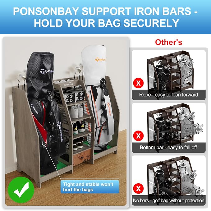 Golf Bag Storage Organizer for Garage, Premium Wooden 2 Golf Bags Rack - Image 4