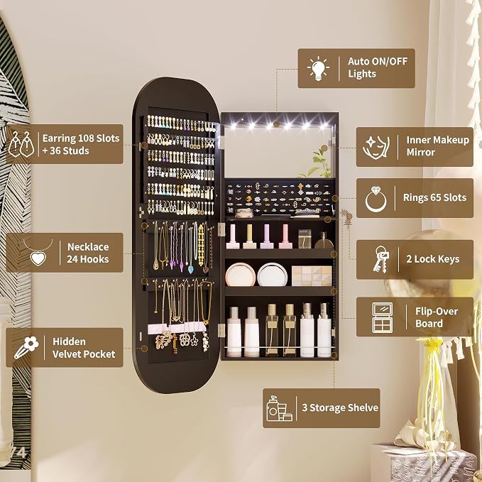LVSOMT LED Mirror Jewelry Cabinet, Wall/Door Mount Jewelry Mirror Organizer - Image 5