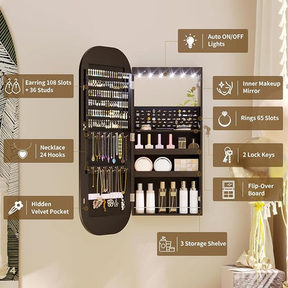 LVSOMT LED Mirror Jewelry Cabinet, Wall/Door Mount Jewelry Mirror Organizer - Image 5