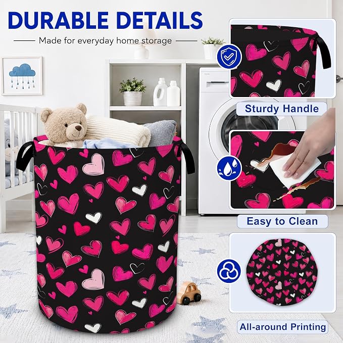 Pink Hearts Laundry Hamper, Collapsible Laundry Baskets, Dirty Clothes Baskets - Image 3