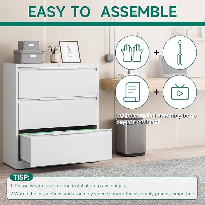 Filing Cabinet with Lock, Lateral File Cabinets 3 Drawer Metal Wide Filing - Image 4