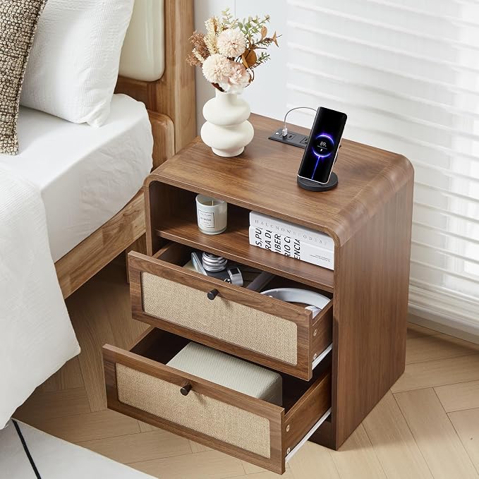 Modern Night Stand with Charging Station and 2 Drawers, Wooden Side Table - Image 6
