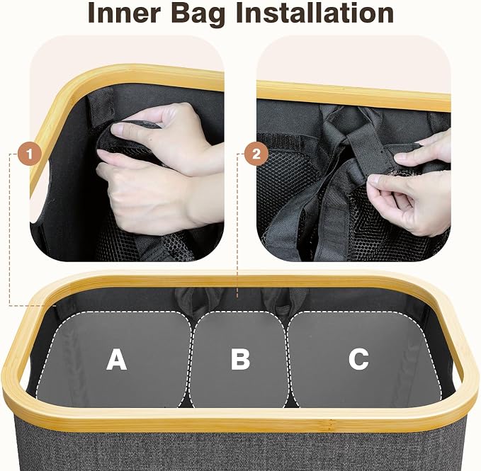 Laundry Hamper with Lid, 145L Extra Large Hamper 3 Section Dirty Clothes Hampers - Image 2