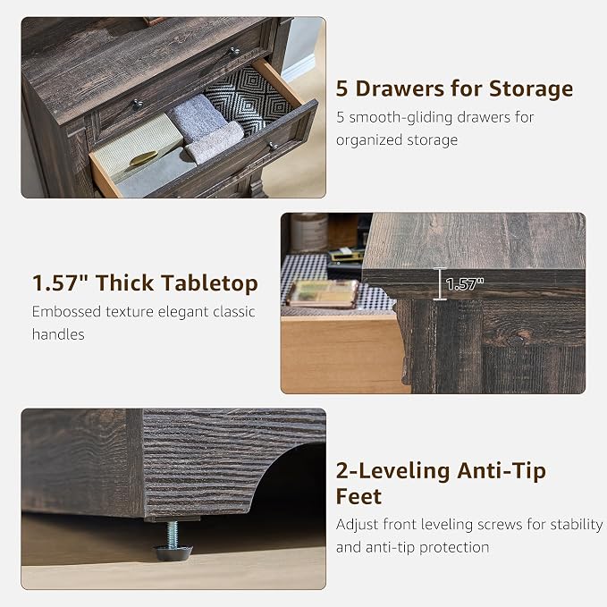 T4TREAM Farmhouse 5 Drawer Dresser - Image 5