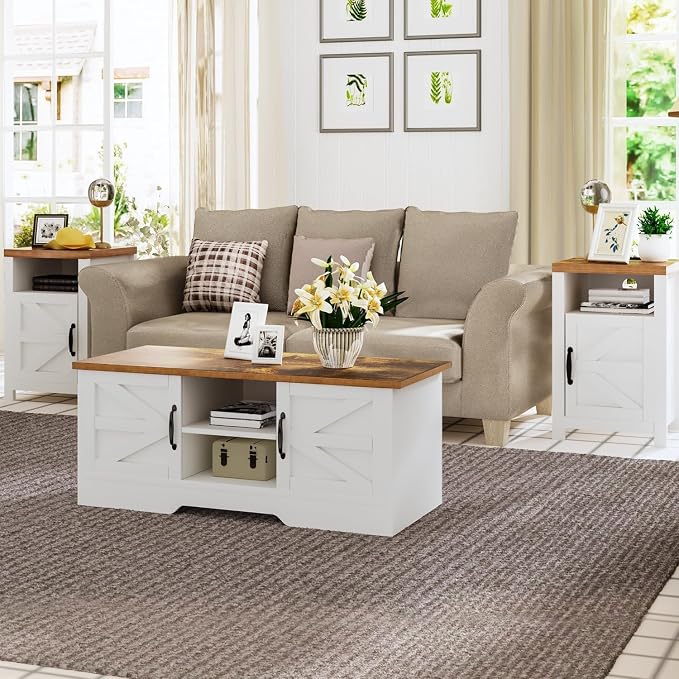 Farmhouse Nightstand with Charging Station, Couch Side Table Set of 2, Bedside - Image 5