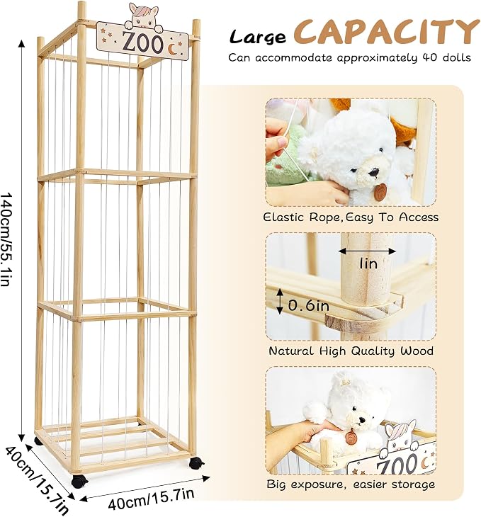 Stuffed Animal Storage Organizer, 55In Large Wooden Zoo Toy Storage Holder - Image 3