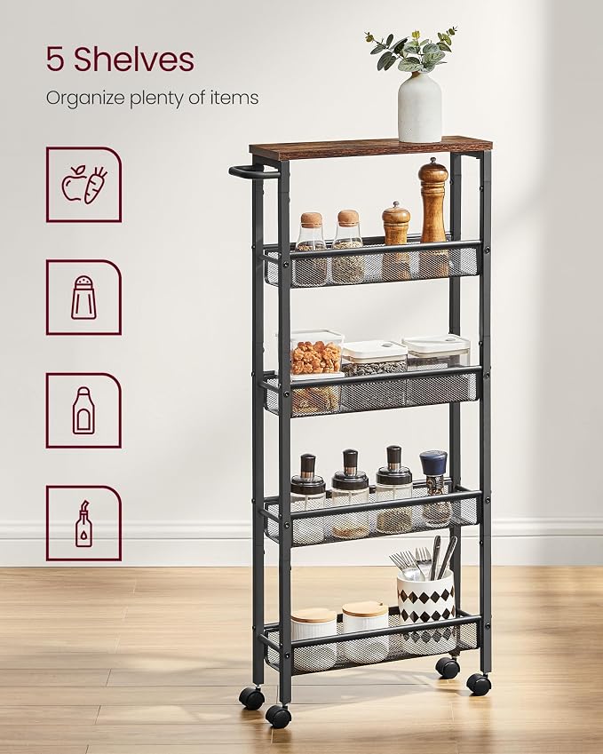 VASAGLE Slim Rolling Cart, 5-Tier Storage Cart, Narrow Carts - Image 4