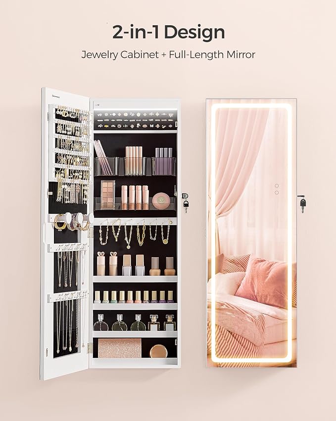 SONGMICS LED Mirror Jewelry Cabinet Armoire, Wall or Door Mounted Jewelry - Image 3
