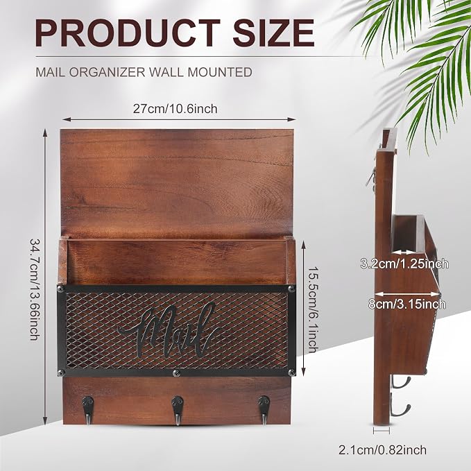 Yalikop Farmhouse Mail Organizer Wall Mounted Rustic Mail Holder Hanging Key - Image 2