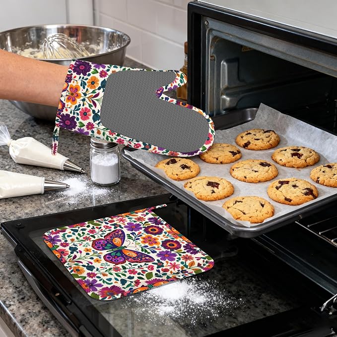 Butterfly Flowers Heat-Resistant Silicone Oven Mitts and Pot Holder 4 Piece Set - Image 4