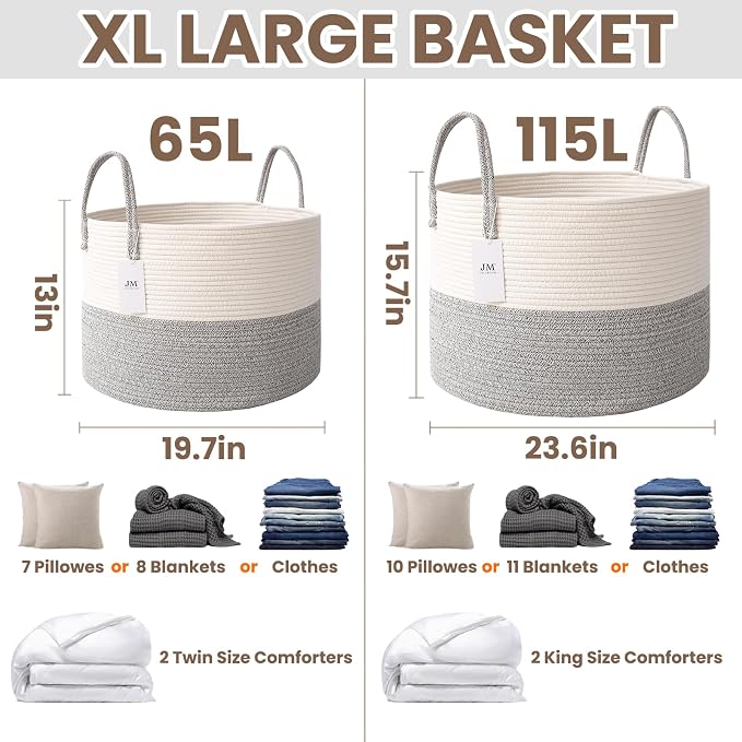 JMvicyroam 115L Extra Large Machine Washable Cotton Rope Blanket Basket | - Image 3