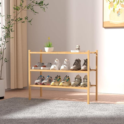 3 Tier Bamboo Shoe Rack for Closet Free Standing Wood Shoe Shelf Storage - Image 2