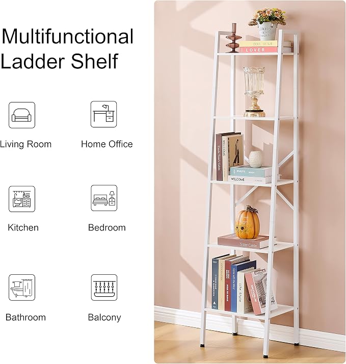 Hoctieon 5-Tier Industrial Ladder Bookshelf, Narrow Ladder Shelf, Tall Standing - Image 8
