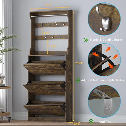 BORNOON Shoe Cabinet with 3 Flip Drawers & Coat Rack, Narrow Hidden Shoe - Image 2
