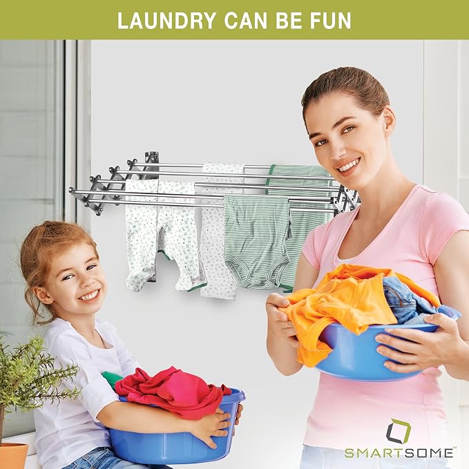 Smartsome | Wall Mounted | Clothes Drying Rack | 34" Wide | 22.5 Linear Feet - Image 3