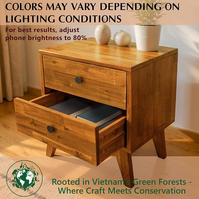 Acacia Silvia Nightstand with 2 Drawers, Solid Wood Bedside Table, Table with - Image 7