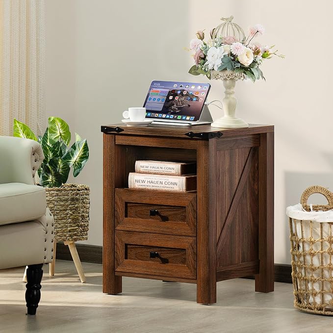 Nightstand with Charging Station and USB Port, Farmhouse Side End Table with 2 - Image 3