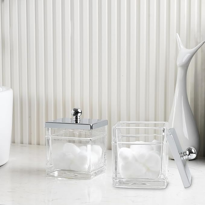 Glass Cotton Jar Holder 2 Pack– Silver/Chrome Lid, Elegant Bathroom Storage - Image 4
